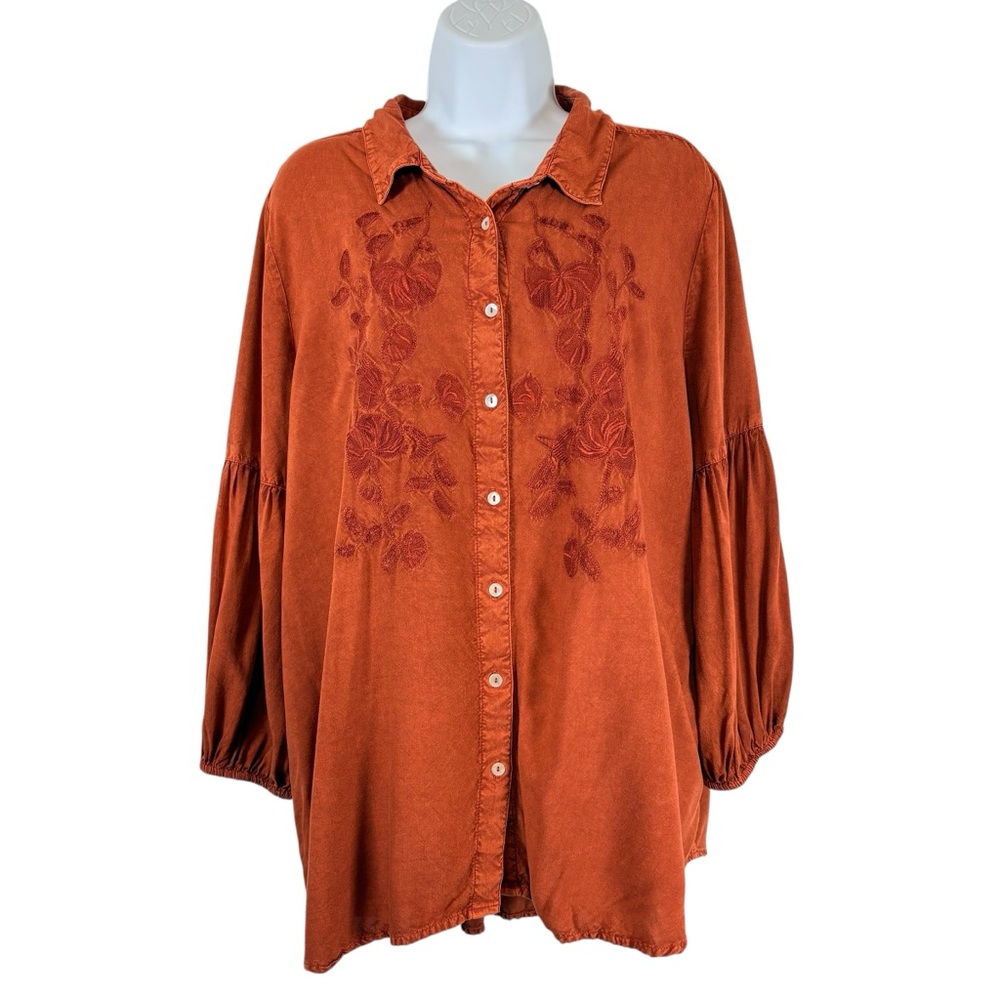 Caffé Marrakesh Embroidered Rayon Button Down Blouse XL Boho Rust Orange Tunic